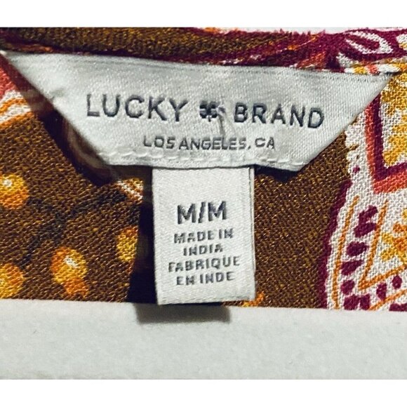 Lucky Brand Top Womens Medium Red Orange Floral Tie Neck Smocked Peasant Boho - Picture 4 of 7